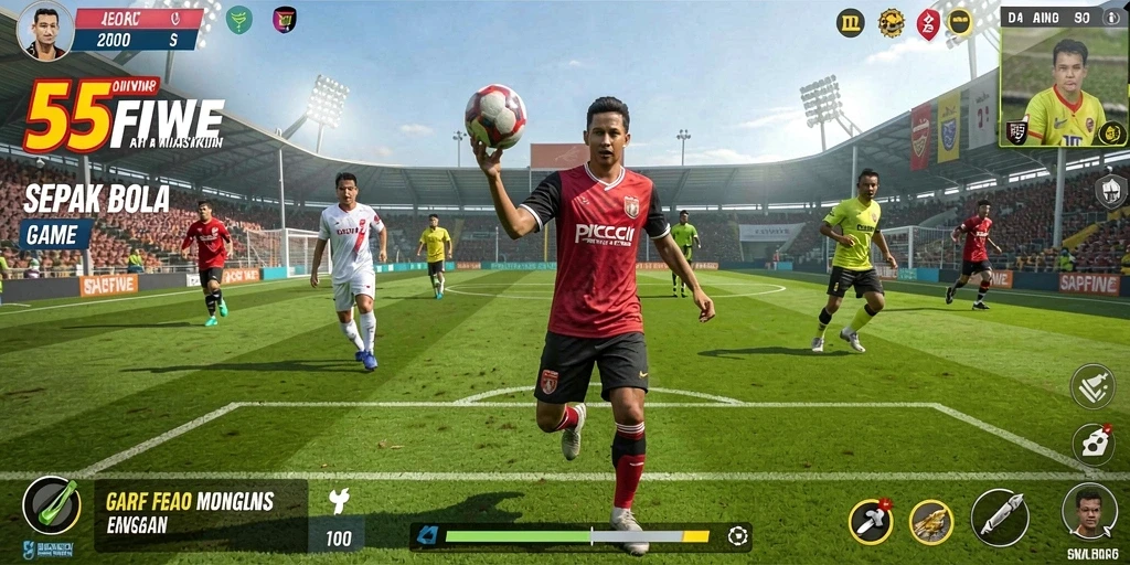 Tampilan gameplay seru dalam 55FIVE saat bertanding di lapangan sepak bola.