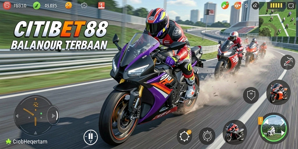 Screenshot utama CITIBET88 menampilkan aksi balapan motor yang mendebarkan.