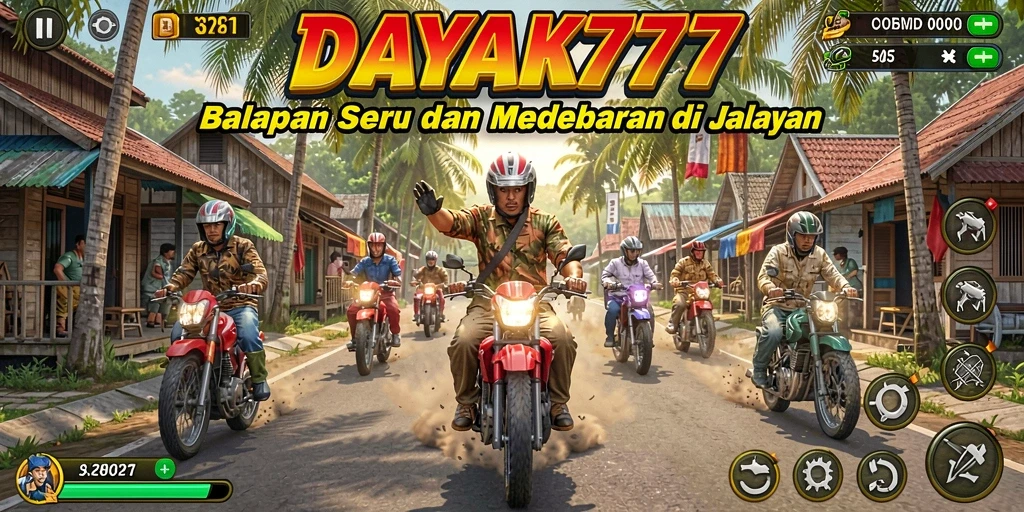 Gameplay DAYAK777 dengan aksi balapan yang seru dan mendebarkan.
