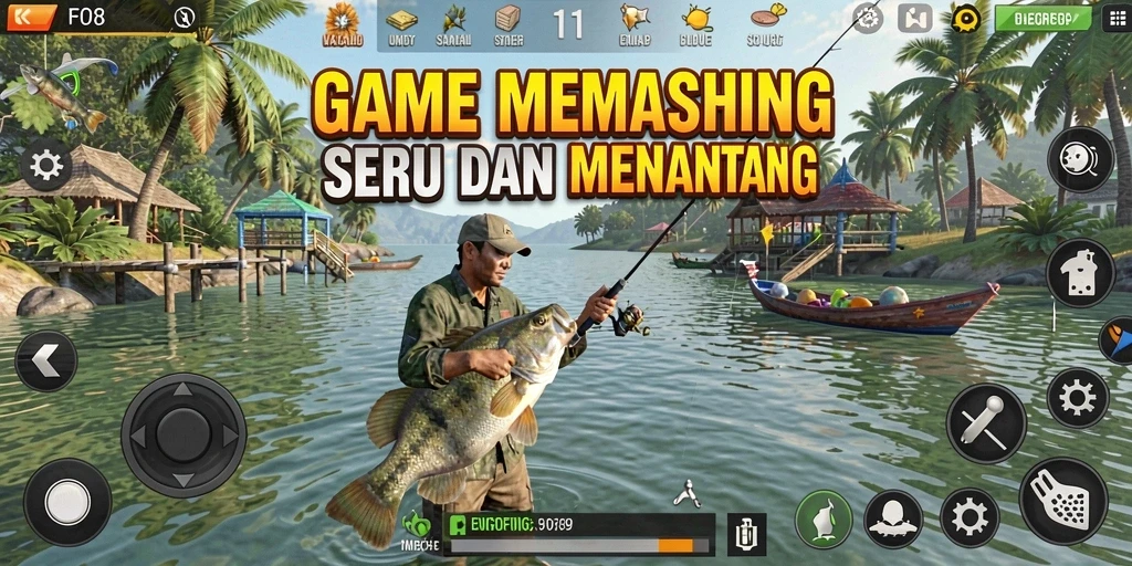 Screenshot gameplay FO8 yang menunjukkan aksi memancing yang seru.