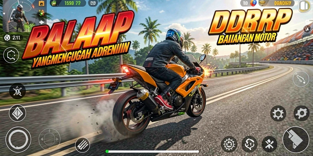 Tampilan gameplay seru IDRRP dalam balapan motor yang mendebarkan.