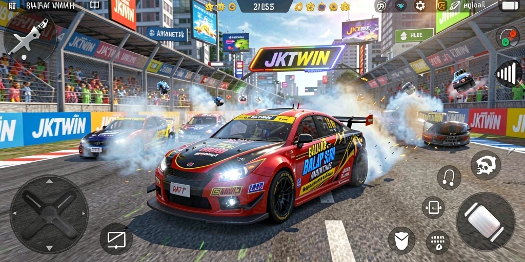 Tampilan gameplay <strong>JKTWIN</strong> dengan balapan yang mendebarkan.