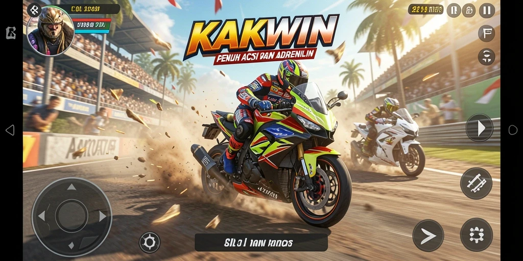 Tampilan gameplay KAKWIN yang seru dan penuh aksi balapan motor.