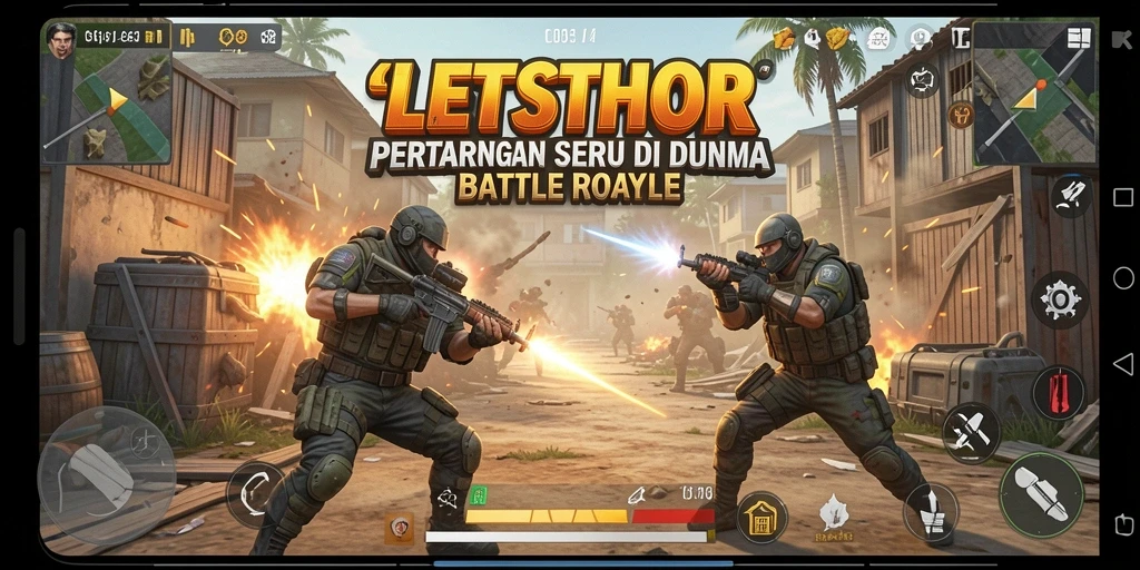 Tangkapan layar utama LETSTHOR menampilkan aksi seru dalam pertarungan Battle Royale.