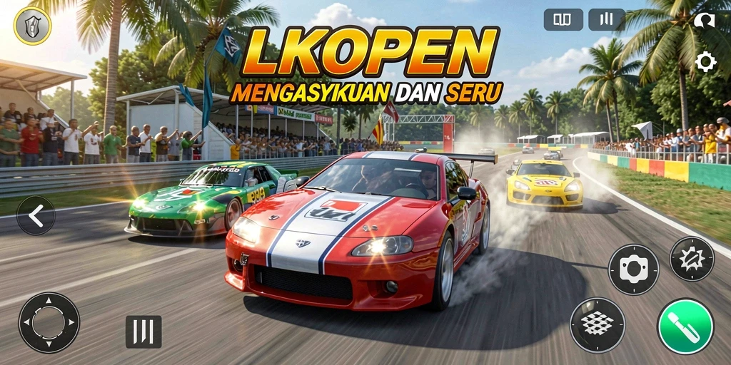 Tangkapan layar LKOPEN menampilkan aksi balapan yang mendebarkan.