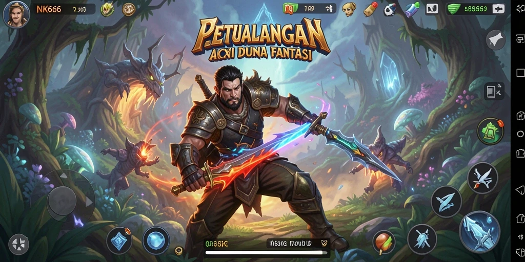 Screenshot utama NK666 menampilkan aksi pertarungan epik dalam dunia fantasi.