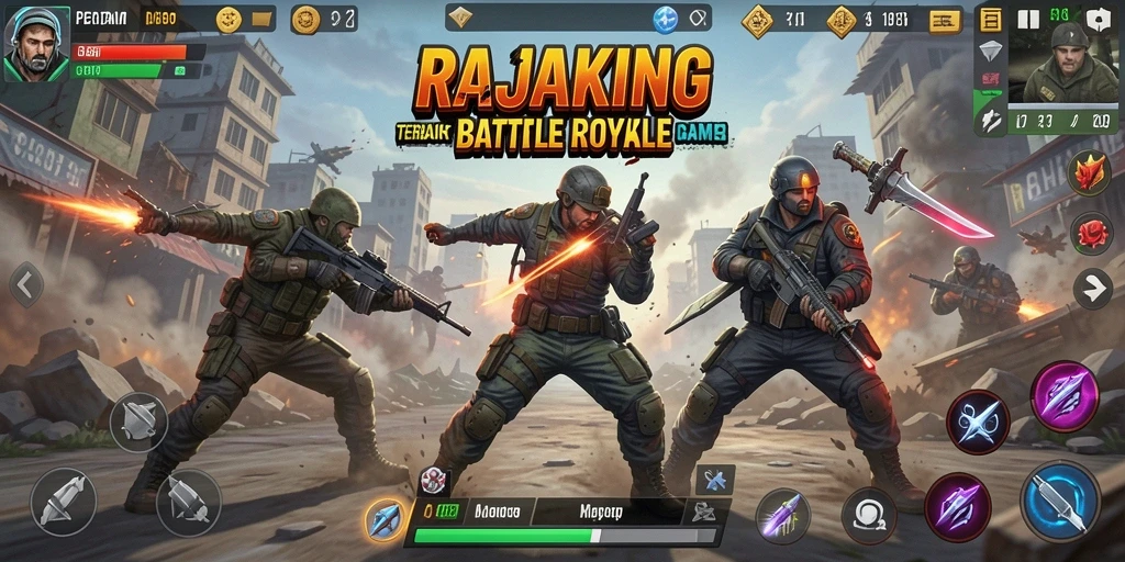 Tangkapan layar gameplay RAJAKING menampilkan aksi Battle Royale yang mendebarkan.
