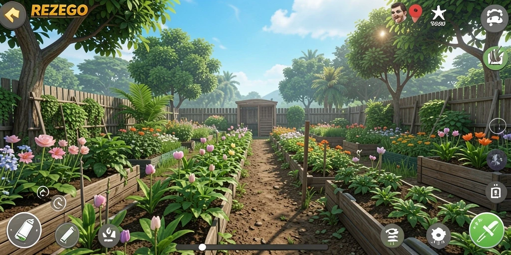 Gameplay seru dan interaktif dalam REZEGO saat berkebun.
