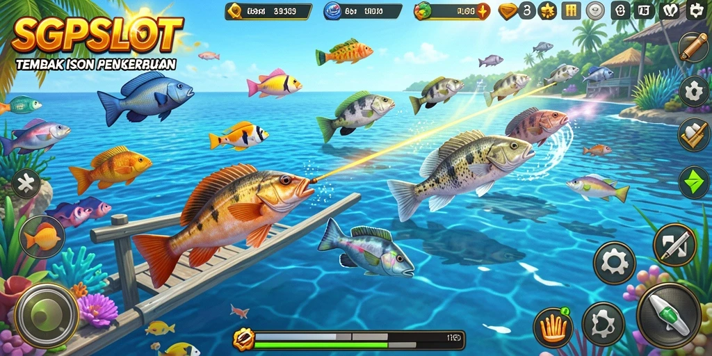 Tampilan gameplay SGPSLOT dengan berbagai ikan dan senjata.