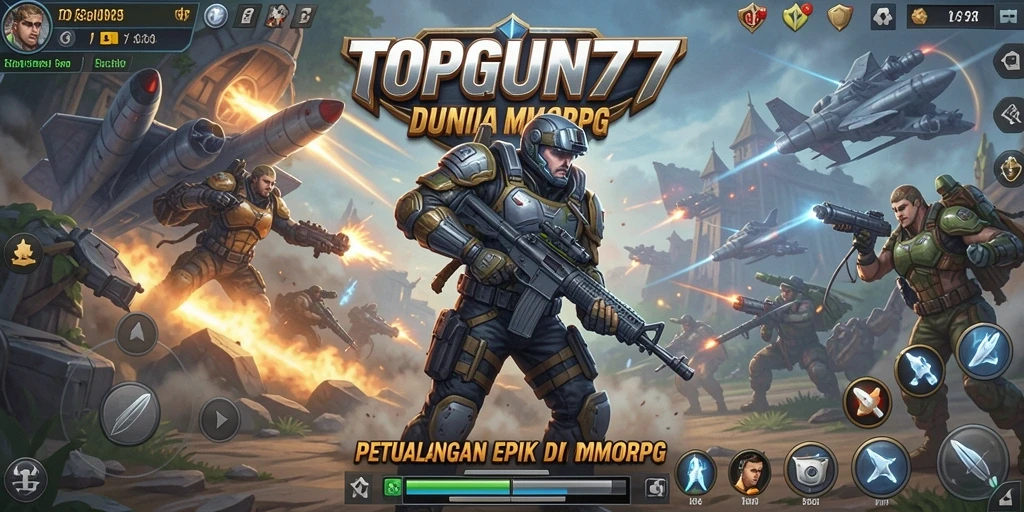 Screenshot gameplay utama TOPGUN77 menampilkan dunia fantasi yang luas dan dinamis.